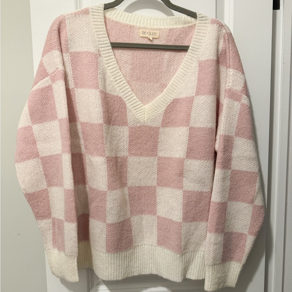 ROOLEE pink sweater, pink and white checkered v neck sweater